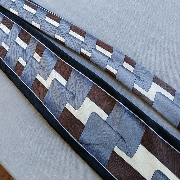 Vintage Y2K Silk Neck Tie geometric grey ribbon brown cream black wood texture - Picture 3 of 14